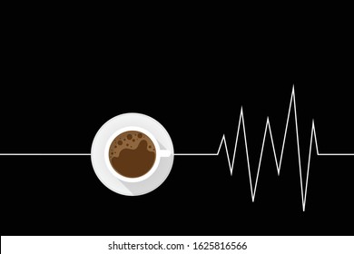 Heartbeat pulse line with coffee cup on black background. vector illustration flat design. The idea of ​​eating coffee to cure sleepiness. Top view.