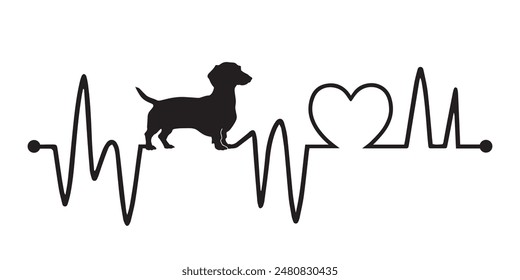 Heartbeat pulse line with Dachshund dog silhouette - Dog and Cardiogram wave with Heart love T-shirt Design vector
