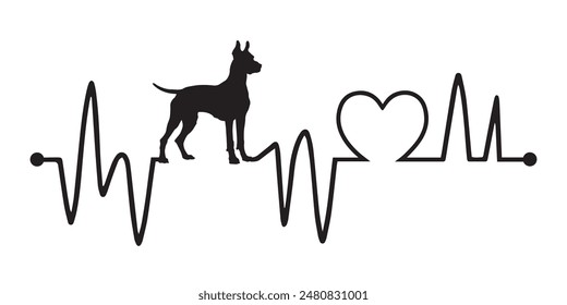 Heartbeat pulse line with Dobermann dog silhouette - Dog and Cardiogram wave with Heart love T-shirt Design vector