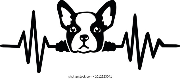 Heartbeat pulse line dog with french bulldog face black and white