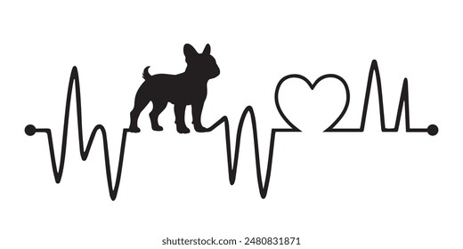 Heartbeat pulse line with French Bulldog dog silhouette - Dog and Cardiogram wave with Heart love T-shirt Design vector
