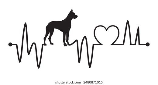 Heartbeat pulse line with Great Dane dog silhouette - Dog and Cardiogram wave with Heart love T-shirt Design vector
