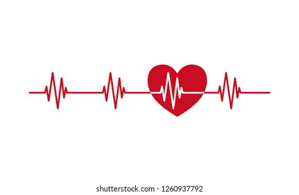 Heartbeat pulse line with heart icon. Heartbeat ecg red vector symbol. 