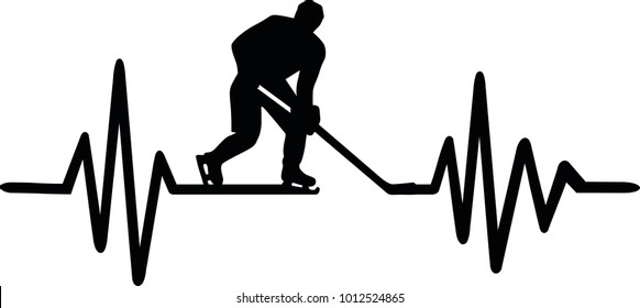 Heartbeat pulse line with ice hockey player and german word