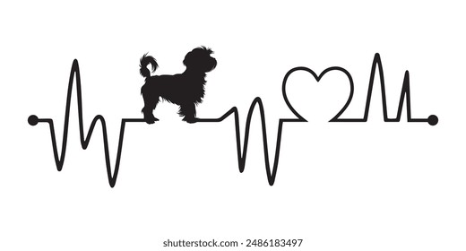 Heartbeat pulse line with Lhasa Apso Dog Peeking - Dog and Cardiogram wave with Heart Love Vector illustration
