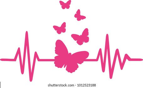 Heartbeat pulse line pink with butterfly swarm