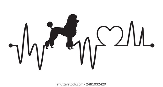 Herzschlag Pulslinie mit Pudel Hund Silhouette - Hund und Kardiogramm Welle mit Herzliebe Vektorillustration
