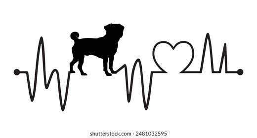 
Heartbeat pulse line with Pug Dog Silhouette - Dog and Cardiogram wave with Heart Love Vector illustration