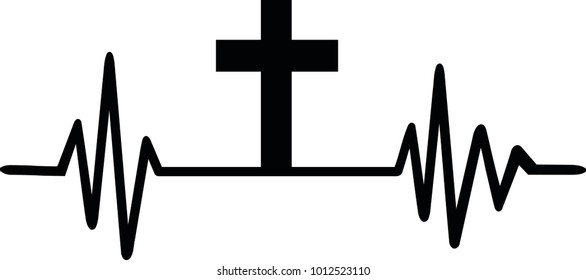 Heartbeat pulse line with religious black cross