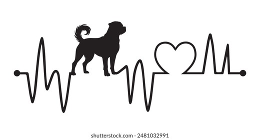 Heartbeat pulse line with Rottweiler Dog Silhouette - Dog and Cardiogram wave with Heart Love Vector illustration
