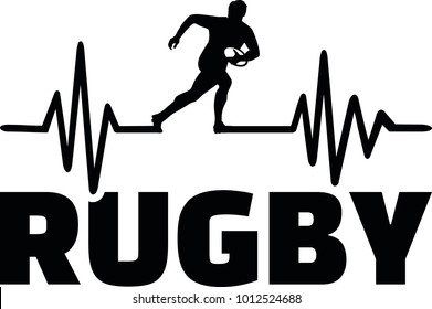 Heartbeat pulse line with rugby player and word