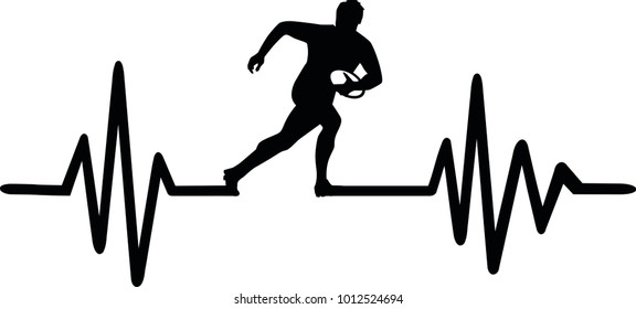 Heartbeat pulse line with rugby player and word