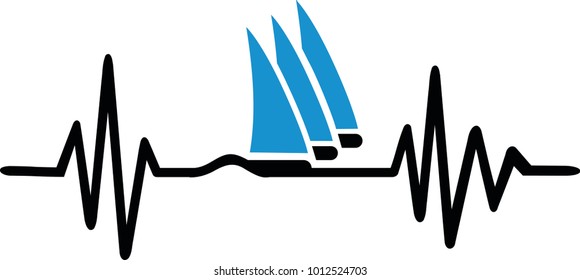 Heartbeat pulse line sailingboat with blue waves