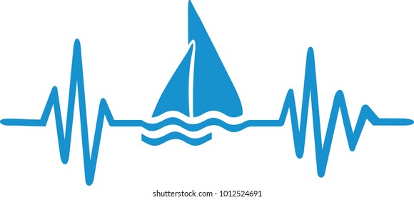 Heartbeat pulse line sailingboat with three blue sailingboats