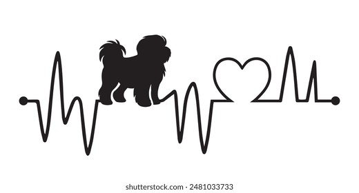 Heartbeat pulse line with Shih Tzu Dog Silhouette - Dog and Cardiogram wave with Heart Love Vector illustration