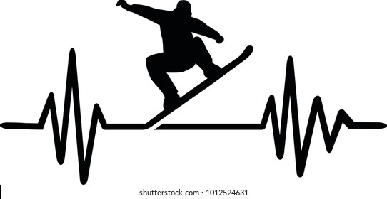 Heartbeat pulse line with snowboarder doing a trick and word