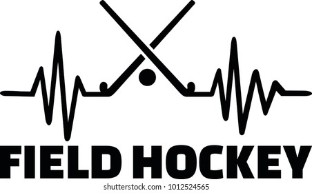 Heartbeat pulse line with two crossed hockey sticks and a ball 