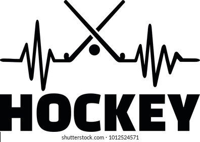 Heartbeat pulse line with two crossed hockey sticks, a ball and word