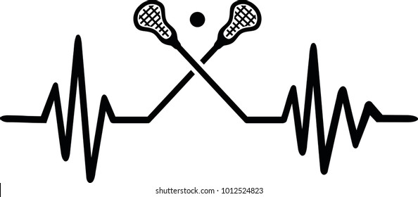 Heartbeat pulse line with two crossed lacrosse sticks and a ball