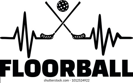 Heartbeat pulse line with two crossed floorball sticks, a ball and word