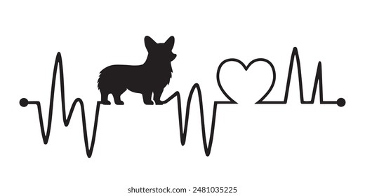 Herzschlag Pulslinie mit walisischem Corgi Hund Silhouette - Hund und Kardiogramm Welle mit Herzliebe Vektorillustration
