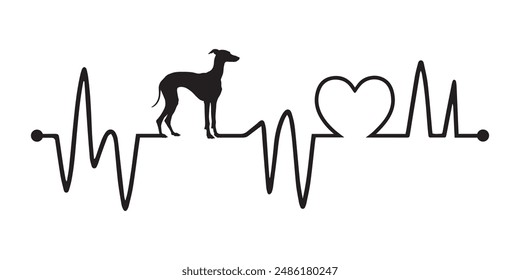 Heartbeat pulse line with Whippet Dog Peeking - Dog and Cardiogram wave with Heart Love Vector illustration