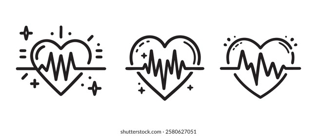 Heartbeat pulse in one line style, set of signs, continuous lines of heart and heartbeat. Vector illustration.