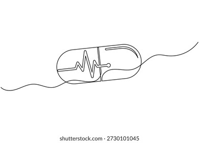 Heartbeat pulse with pill continuous one line drawing for cardiology care minimalist illustration vector