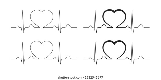 Pulso de batimento cardíaco, ritmo, eletrocardiograma, ECG e padrão de linha de sinal EKG com um coração no meio isolado em um fundo branco com acidente vascular cerebral editável. Apaixonar-se conceito. Ilustração vetorial