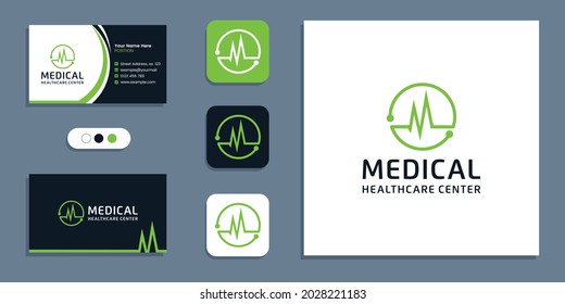 Heartbeat pulse symbol, medical healthcare logo and business card design inspiration template