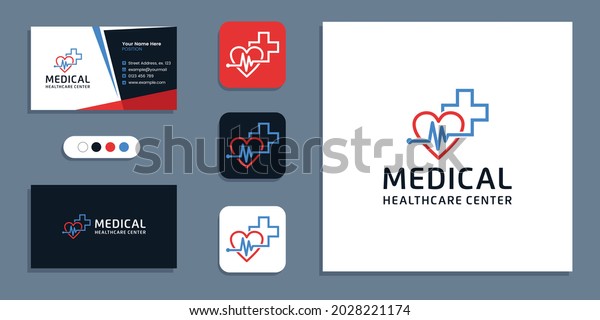Heartbeat pulse symbol, medical\
healthcare logo and business card design inspiration\
template
