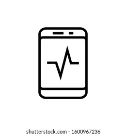Heartbeat pulse tracker app icon in outline style on white background, style sign for mobile concept and web design, Smartphone with heart rate outline vector icon
