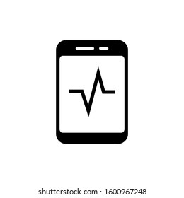 Heartbeat pulse tracker app icon in black flat design on white background, style sign for mobile concept and web design, Smartphone with heart rate outline vector icon