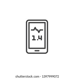 Heartbeat pulse tracker app line icon. linear style sign for mobile concept and web design. Smartphone with heart rate outline vector icon. Symbol, logo illustration. Pixel perfect vector graphics