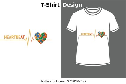 Ilustración vectorial de la camiseta de la tipografía del rompecabezas del latido del corazón, diseño colorido del texto con la línea del pulso para la conciencia, la salud, y el amor del autismo.