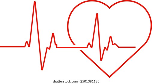 Heartbeat red line and big stylized red heart outline vector illustration