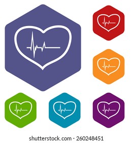 Heartbeat rhombus icons set in different colors. Vector Illustration