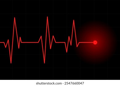 Icono de conjunto de latidos. Línea roja brillante del electrocardiograma en un fondo oscuro de la cuadrícula, mostrando los picos y un punto final destacado. Representa imágenes médicas, de atención médica o de emergencia.