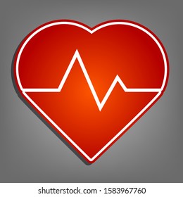 Heartbeat sign illustration. Flat red icon with linear white icon with gray shadow at grayish background. Illustration.