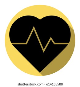 Heartbeat sign illustration. Vector. Flat black icon with flat shadow on royal yellow circle with white background. Isolated.