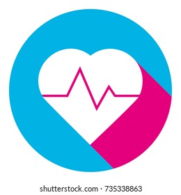 Heartbeat sign illustration. Vector. Flat white icon  circle at white background. Isolated.