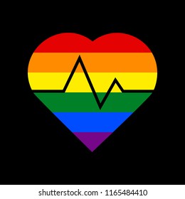 Heartbeat sign illustration. Vector. Icon with colors of LGBT flag at black background.