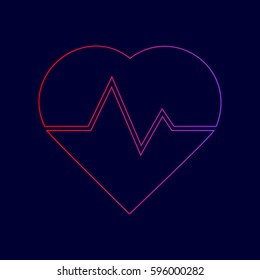 Heartbeat sign illustration. Vector. Line icon with gradient from red to violet colors on dark blue background.