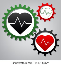 Heartbeat sign illustration. Vector. Three connected gears with icons at grayish background.