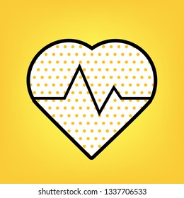 Heartbeat sign illustration. Vector. Yellow polka dot white icon with black contour at warm yellow background.