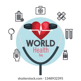 heartbeat with stethoscope and medicine to health day