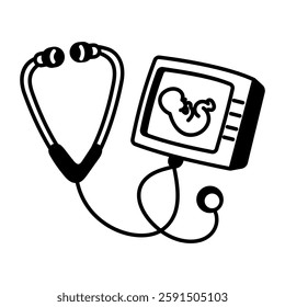 Heartbeat stethoscope of an unborn baby, doodle icon
