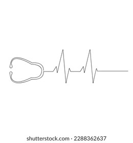 Vector de estetoscopio de latido cardíaco. Signo de cardiograma, icono médico. Dibujo continuo de línea. La mano atrajo el corazón. Diseño, impresión, logotipo, cartel. Concepto de diagnóstico cardiológico, tratamiento, revisión médica.