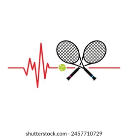 Diseño de Vector de bola de tenis y raqueta Heartbeat, diseño de amante de la ilustración de raqueta de tenis
