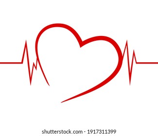 Heartbeat vector. Red heart shape with pulse line. Healthcare and medical examination. Emergency life support. Cardiology symbol for health center or hospital. Love and passion concept. Rhythmic beat.